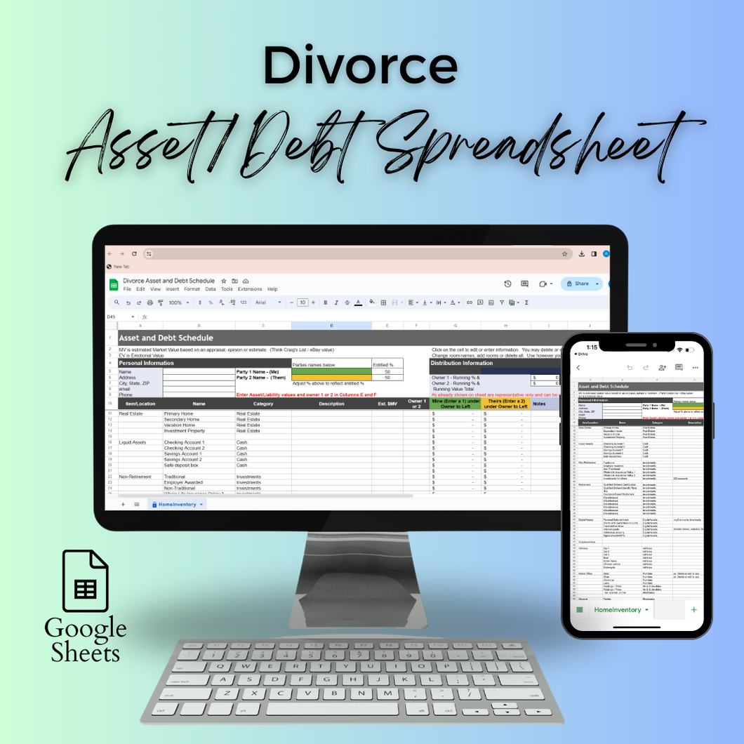 Divorce Asset and Debt Schedule Spreadsheet Google Sheets